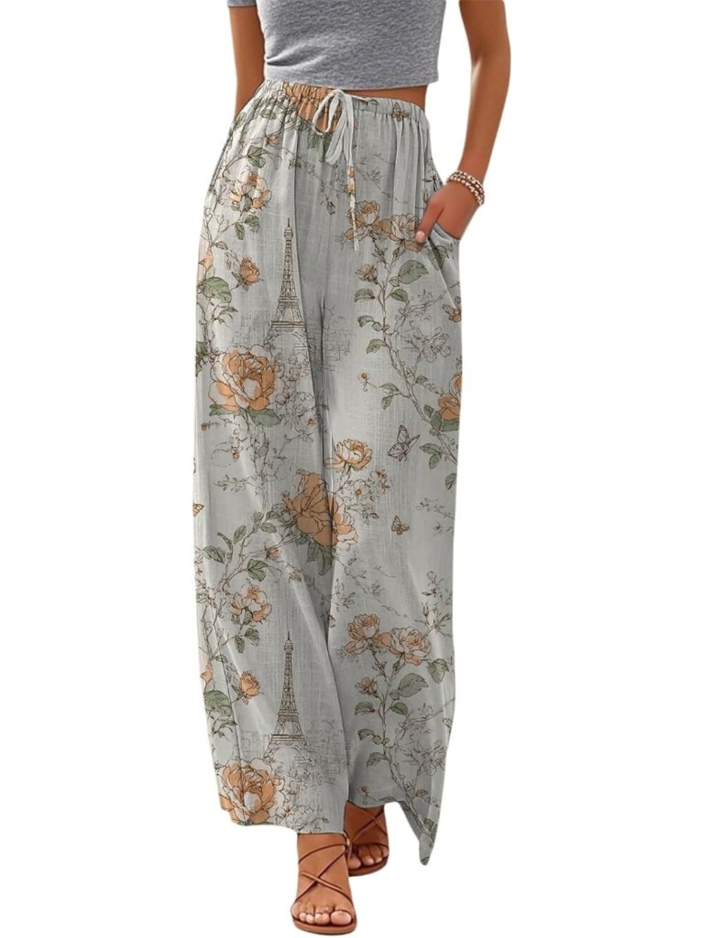 〽️Women Wide Leg Pants Paris Polyester Drawstring Summer comfortable Drawstring